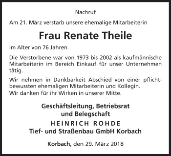 Traueranzeige von Renate Theile von Waldeckische Landeszeitung