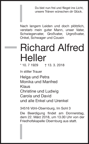 Traueranzeige von Richard Alfred Heller von Waldeckische Landeszeitung