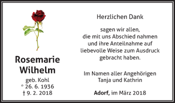 Traueranzeige von Rosemarie Wilhelm von Waldeckische Landeszeitung