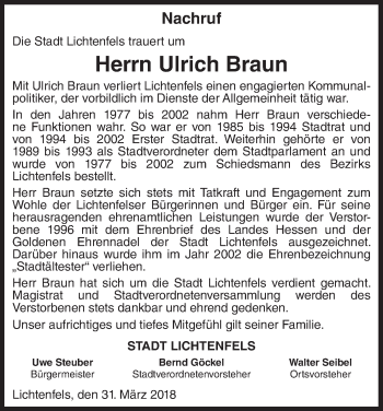 Traueranzeige von Ulrich Braun von Waldeckische Landeszeitung