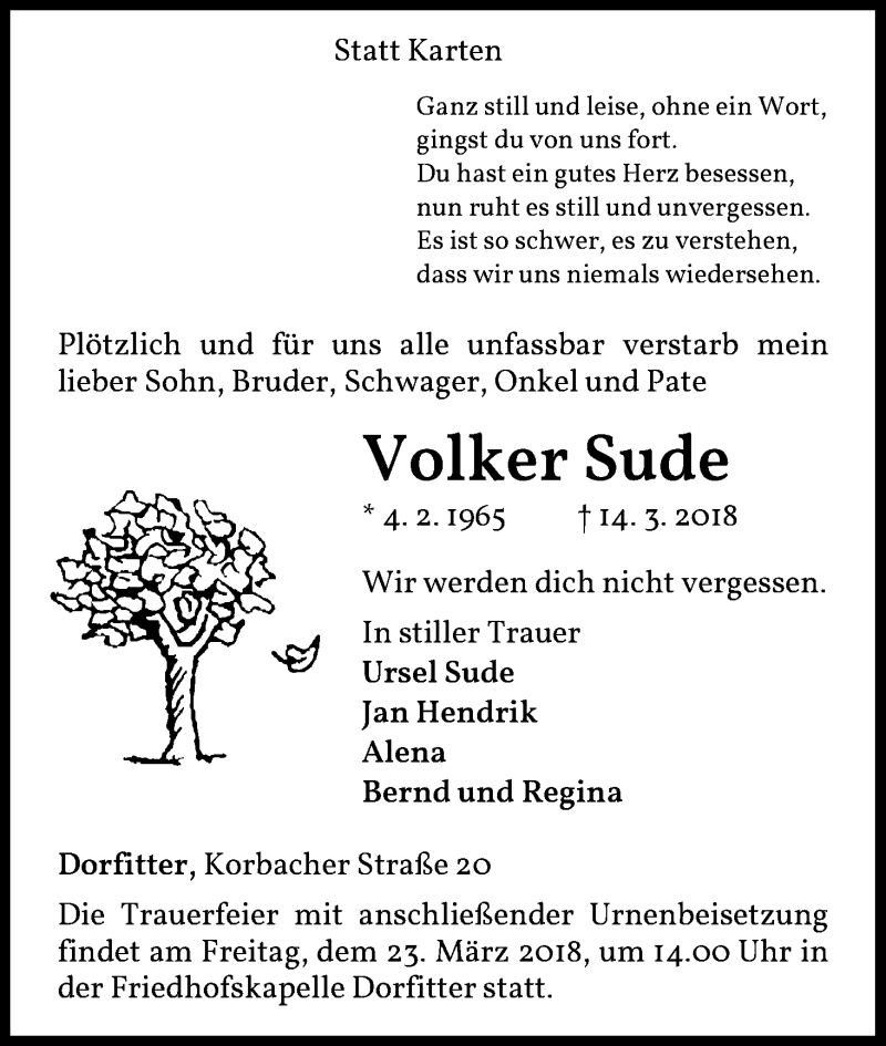 Traueranzeige für Volker Sude vom 21.03.2018 aus Waldeckische Landeszeitung