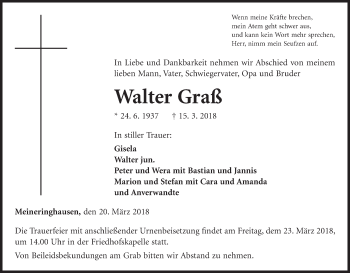 Traueranzeige von Walter Graß von Waldeckische Landeszeitung