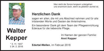 Traueranzeige von Walter Kepper von Waldeckische Landeszeitung