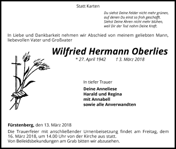 Traueranzeige von Wilfried Hermann Oberlies von Waldeckische Landeszeitung