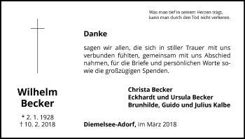 Traueranzeige von Wilhelm Becker von Waldeckische Landeszeitung