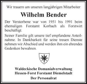 Traueranzeige von Wilhelm Bender von Waldeckische Landeszeitung