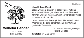 Traueranzeige von Wilhelm Bender von Waldeckische Landeszeitung