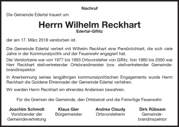 Traueranzeige von Wilhelm Reckhart von Waldeckische Landeszeitung