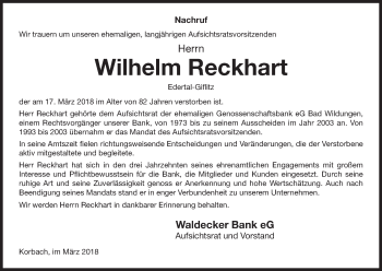 Traueranzeige von Wilhelm Reckhart von Waldeckische Landeszeitung