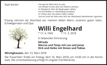 Traueranzeige von Willi Engelhard von Waldeckische Landeszeitung