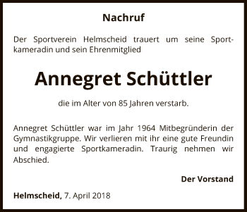 Traueranzeige von Annegret Schüttler von Waldeckische Landeszeitung