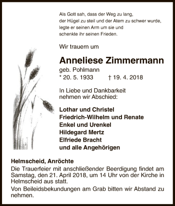 Traueranzeige von Anneliese Zimmermann von WLZ