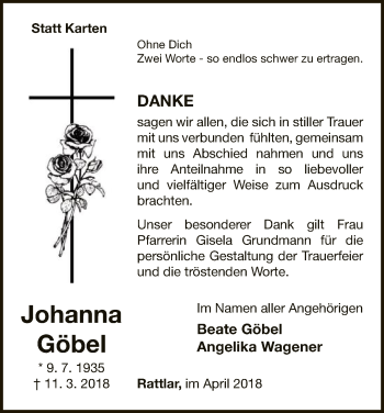 Traueranzeige von Beate Göbel von WLZ