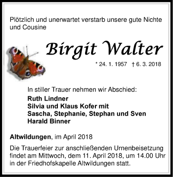 Traueranzeige von Birgit Walter von Waldeckische Landeszeitung