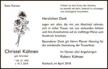 Traueranzeige von Christel Köhnen von Waldeckische Landeszeitung