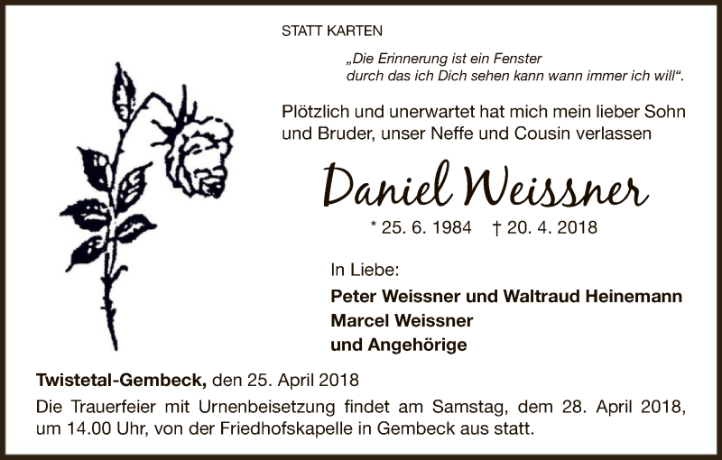  Traueranzeige für Daniel Weissner vom 25.04.2018 aus WLZ
