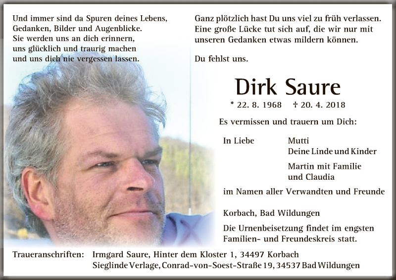  Traueranzeige für Dirk Saure vom 25.04.2018 aus WLZ