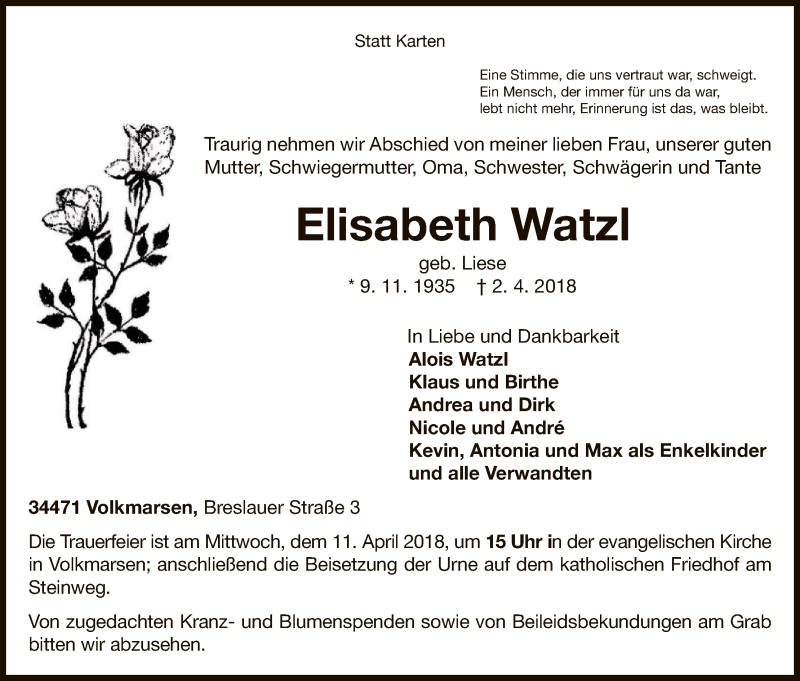  Traueranzeige für Elisabeth Watzl vom 07.04.2018 aus Waldeckische Landeszeitung