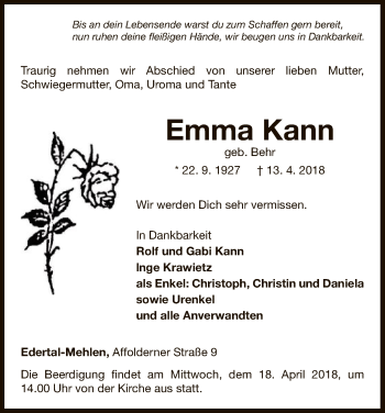 Traueranzeige von Emma Kann von WLZ