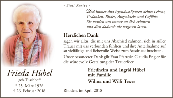 Traueranzeige von Frieda Hübel von WLZ