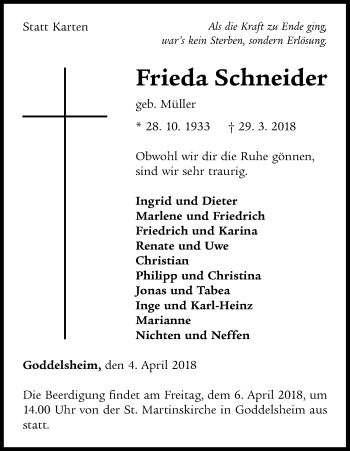 Traueranzeige von Frieda Schneider von Waldeckische Landeszeitung