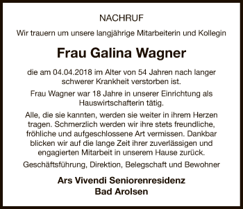 Traueranzeige von Galina Wagner von WLZ