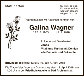 Traueranzeige von Galina Wagner von Waldeckische Landeszeitung