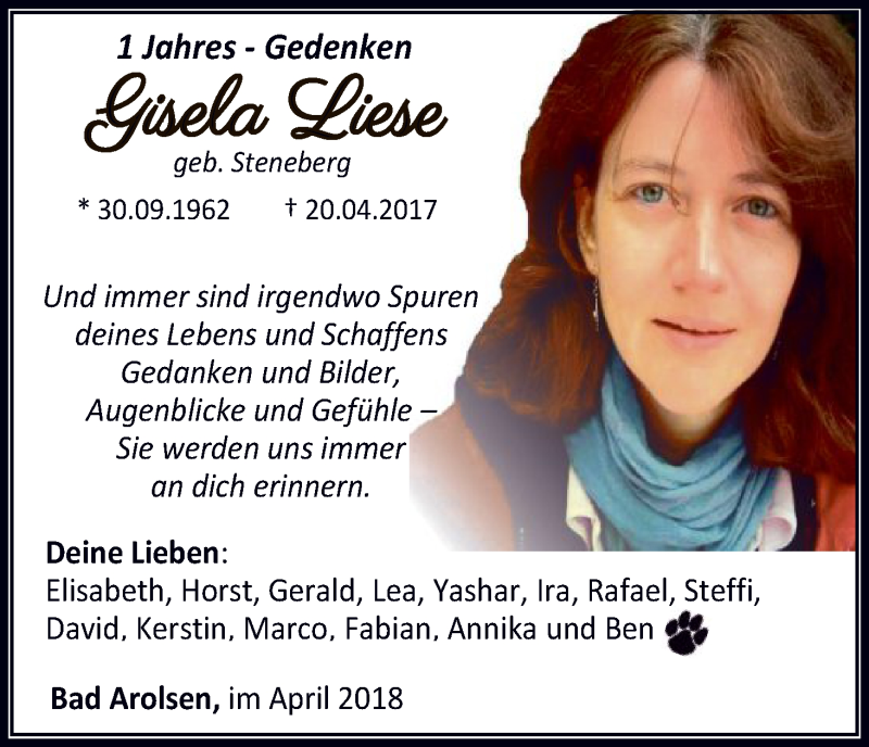 Traueranzeige für Gisela Liese vom 20.04.2018 aus WLZ