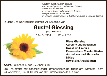 Traueranzeige von Gustel Giessing von WLZ