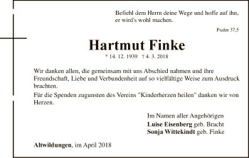 Traueranzeige von Hartmut Finke von WLZ