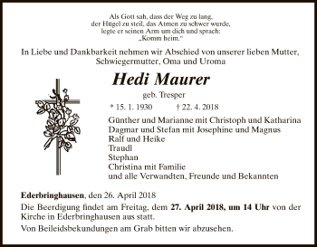 Traueranzeige von Hedi Maurer von WLZ