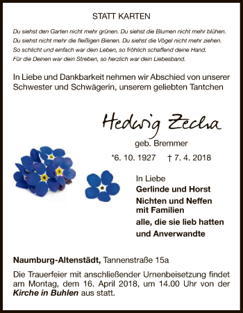 Traueranzeige von Hedwig Zecha von WLZ