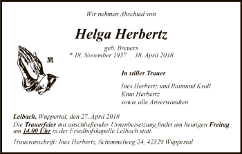 Traueranzeige von Helga Herbertz von WLZ