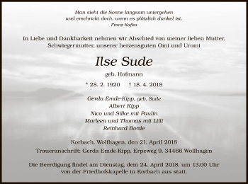 Traueranzeige von Ilse Sude von WLZ