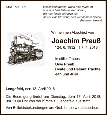 Traueranzeige von Joachim Preuß von WLZ