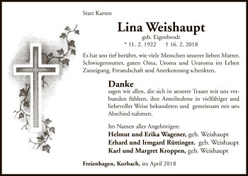 Traueranzeige von Lina Weishaupt von Waldeckische Landeszeitung