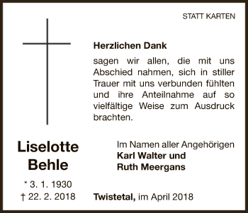 Traueranzeige von Liselotte Behle von WLZ