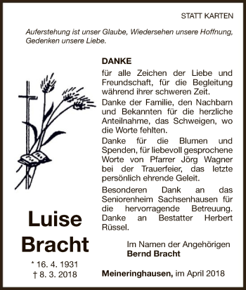Traueranzeige von Luise Bracht von WLZ