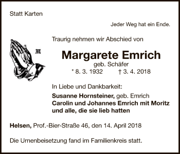 Traueranzeige von Margarete Emrich von WLZ