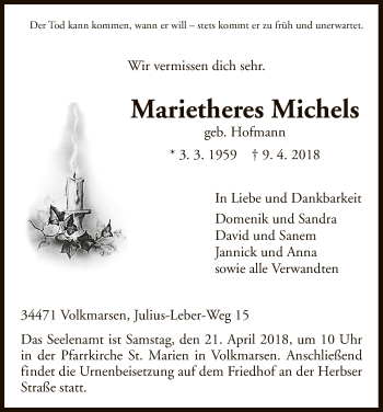 Traueranzeige von Marietheres Michels von WLZ