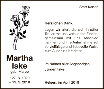 Traueranzeige von Martha Iske von WLZ