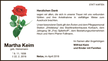 Traueranzeige von Martha Keim von Waldeckische Landeszeitung