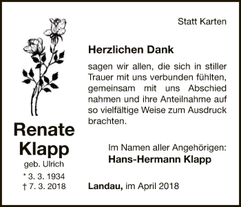 Traueranzeige von Renate Klapp von WLZ