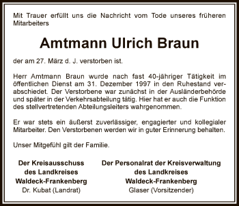 Traueranzeige von Ulrich Braun von Waldeckische Landeszeitung