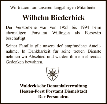 Traueranzeige von Wilhelm Biederbick von Waldeckische Landeszeitung