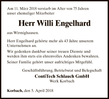 Traueranzeige von Willi Engelhard von Waldeckische Landeszeitung