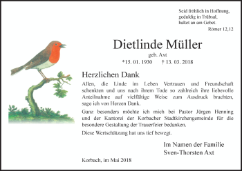 Traueranzeige von Dietlinde Müller von Waldeckische Landeszeitung