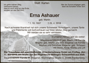 Traueranzeige von Erna Ashauer von WLZ