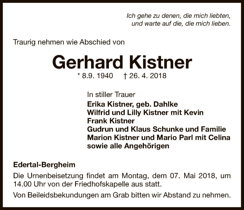  Traueranzeige für Gerhard Kistner vom 03.05.2018 aus WLZ