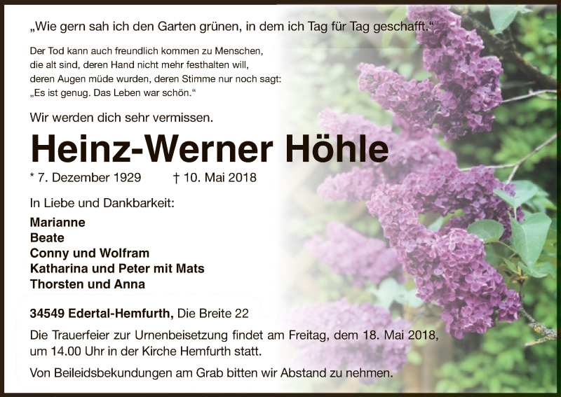  Traueranzeige für Heinz-Werner Höhle vom 12.05.2018 aus WLZ